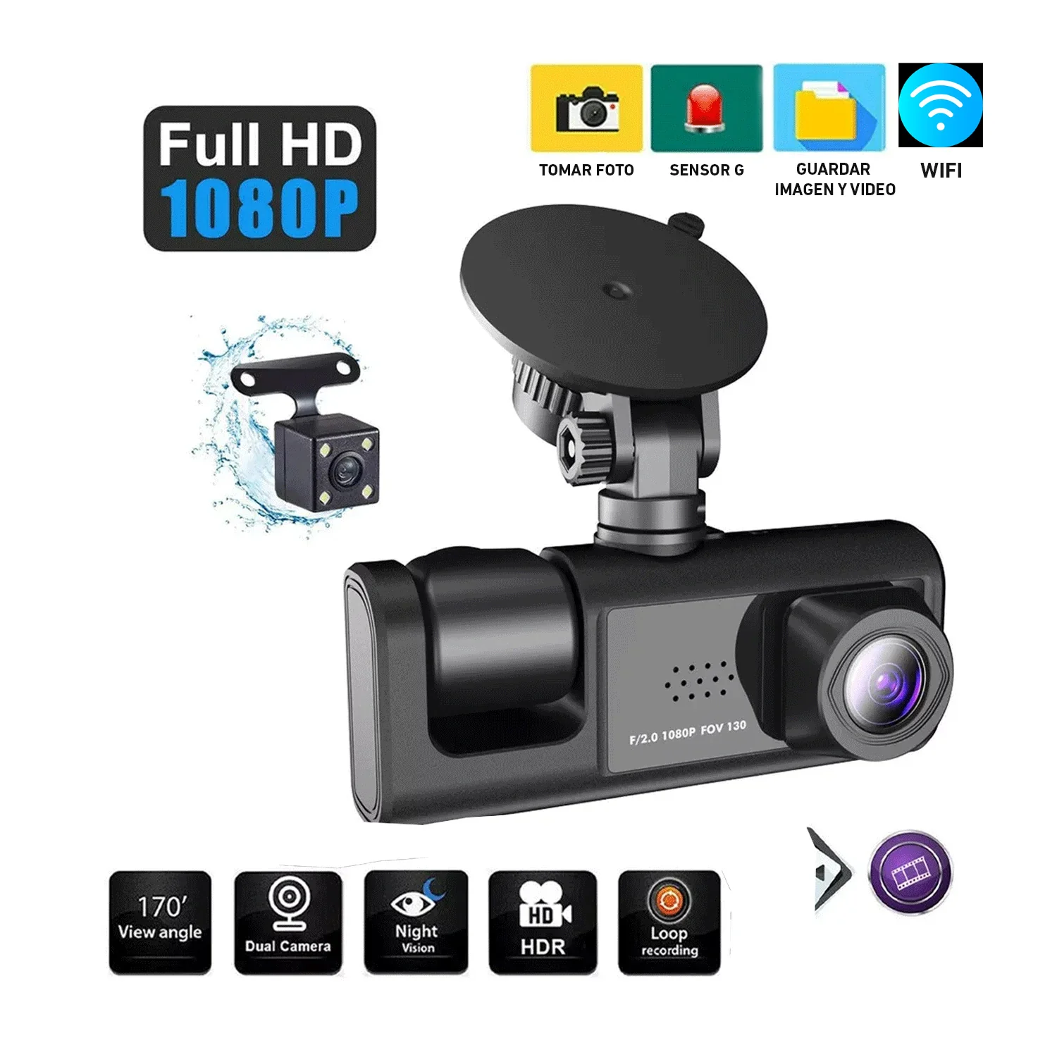 Cámara Vehicular T717W WIFI 1080p 3 lentes Pantalla 2.0 Auto carro - Image 3