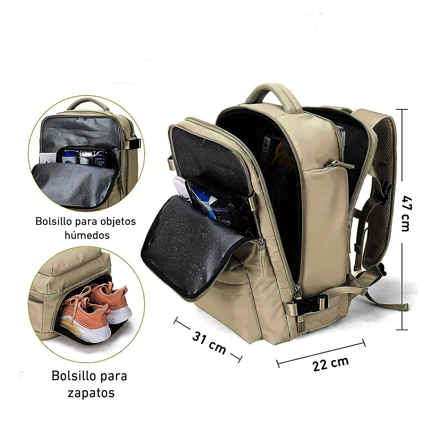 Mochila de viaje BP31 impermeable maleta de mano Beige oscuro expandible 40 L - Image 4