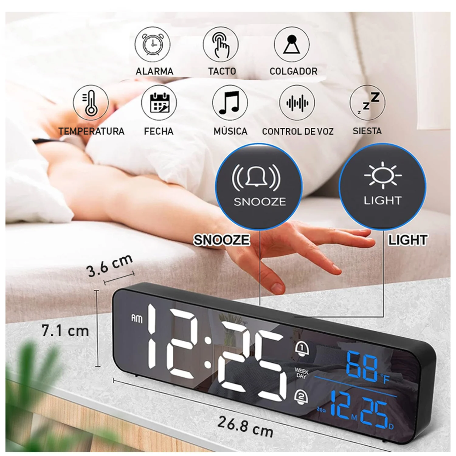 Reloj digital despertador alarma de escritorio luz LED fecha temperatura - Image 5